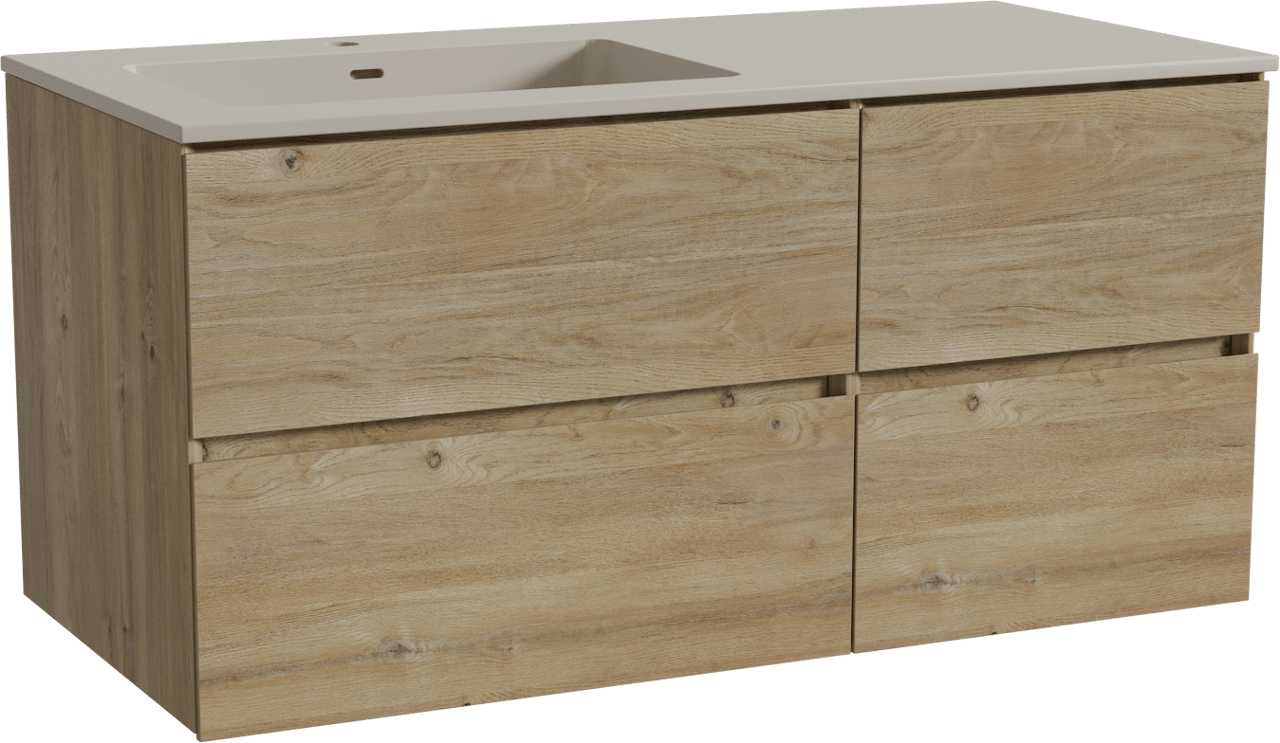 Storke Edge hängendes Möbelstück Set: 110 x 52 cm, Rohe Eiche, mit Diva Waschtisch links, Top Solid Seidengrau