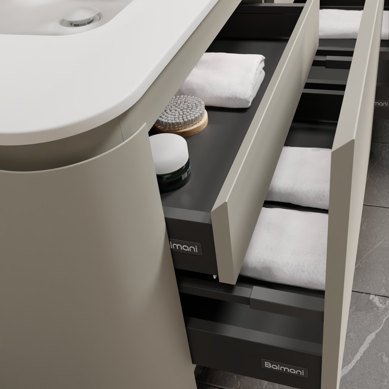 Balmani Moon meuble salle de bains suspendu 160 x 55 cm soie grise avec Moon double vasque en solid surface blanc mat