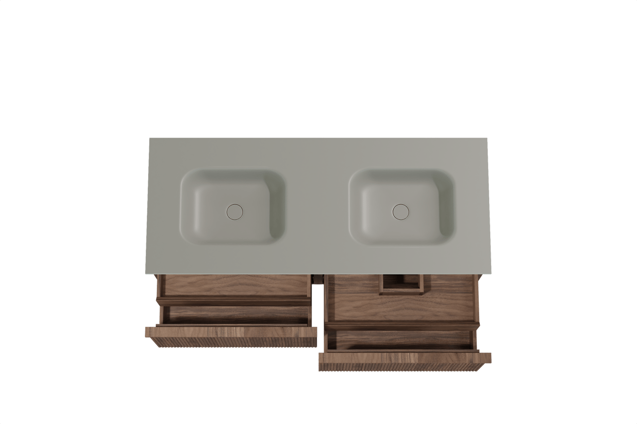 Balmani Forma zwevend badkamermeubel 135 x 55 cm amerikaanse notelaar met Tablo Arcato dubbele wastafel in solid surface steengrijs, Verticale symmetrische rechte ribbel