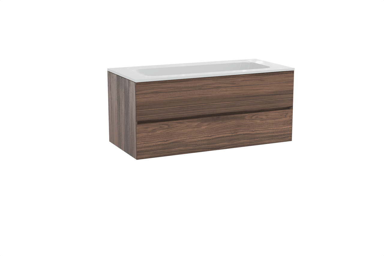 Balmani Mitra hängendes Möbelstück Set: 120 x 55 cm, Nussbaum, mit Tablo Strada Einzelwaschtisch, Marmorkomposit Weiß glänzend