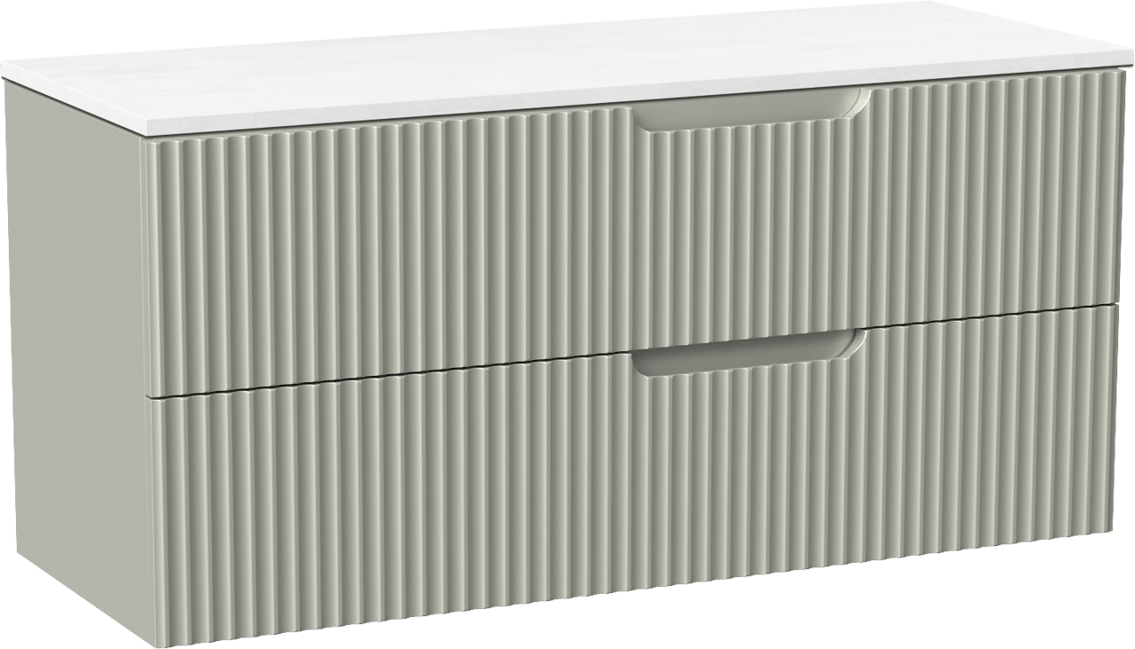 Linie Ribbo meuble salle de bains suspendu 120 x 46 cm greige avec Lado tablette double en marbre composite blanc brillant, Nervure circulaire symétrique verticale