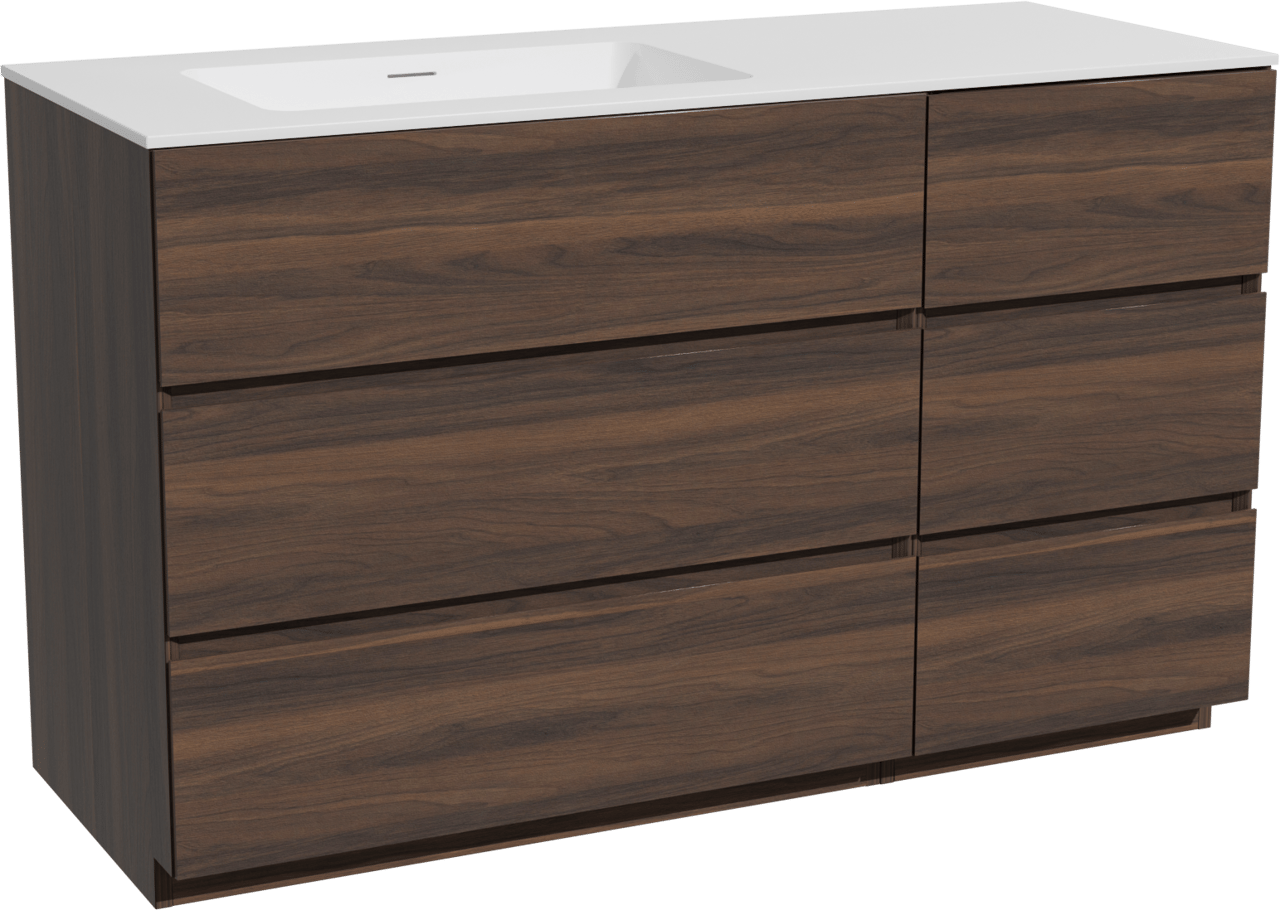 Storke Edge staand badmeubel 130 x 52 cm notenhout met Mata asymmetrisch linkse wastafel in solid surface mat wit