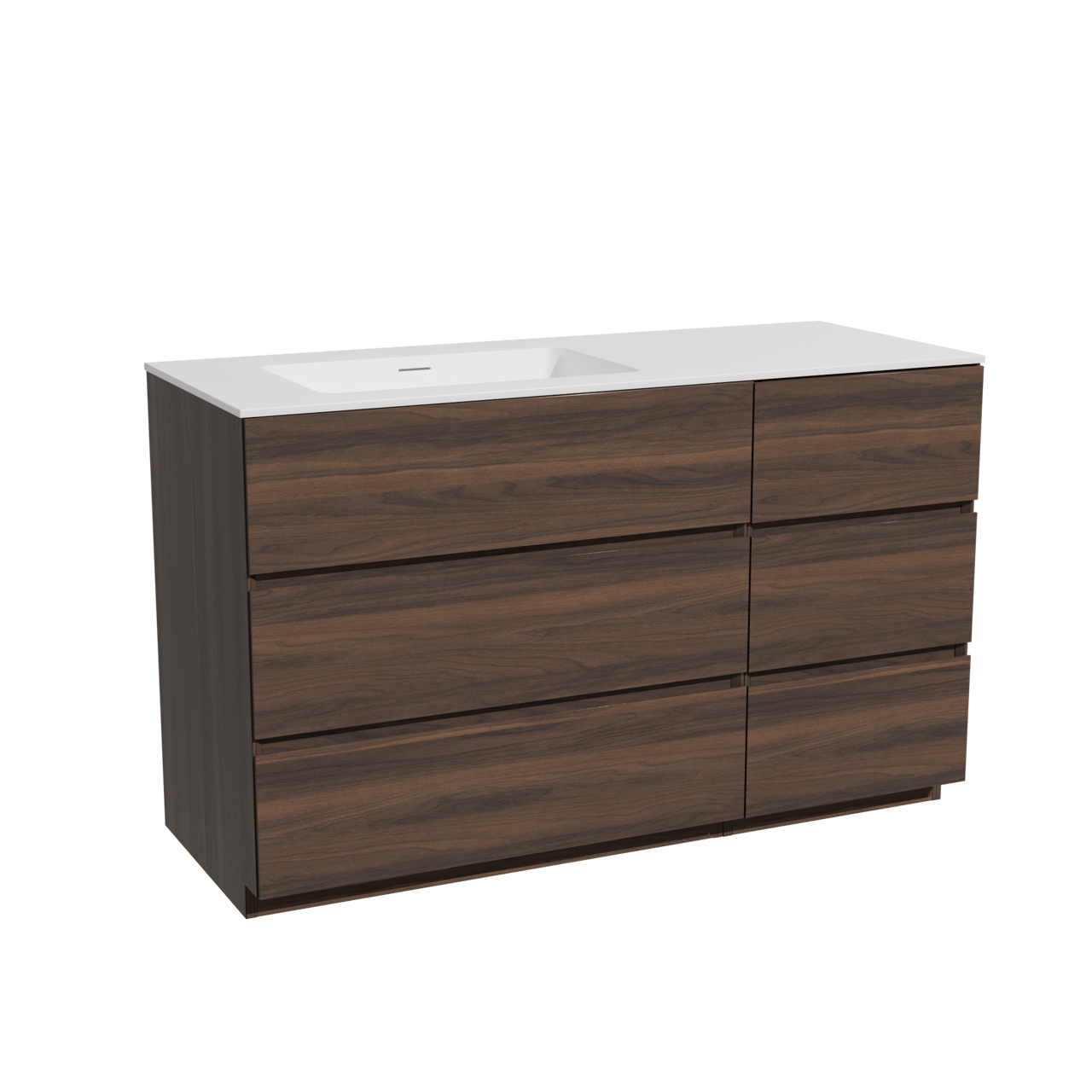 Storke Edge staand badkamermeubel 130 x 52 cm notelaar met Mata asymmetrisch linkse wastafel in solid surface mat wit