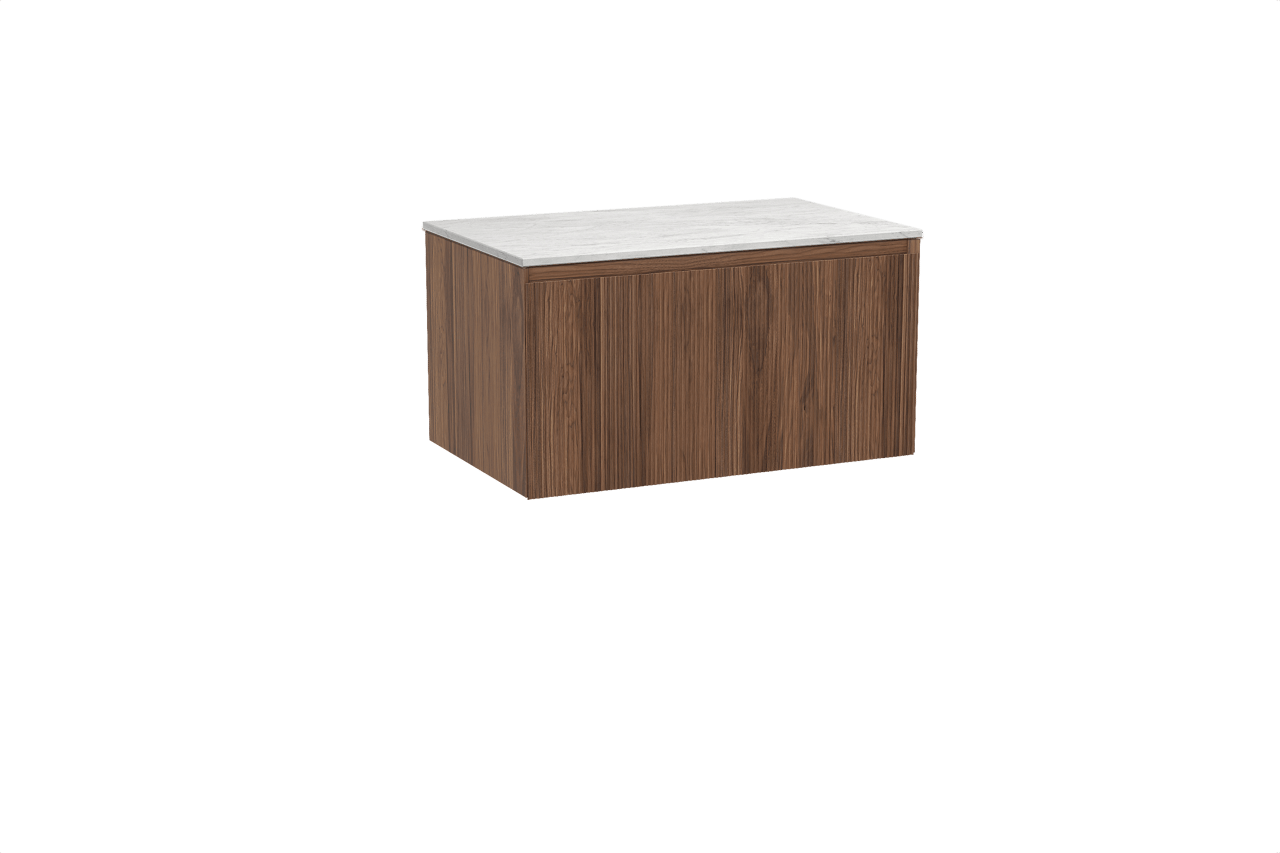 Balmani Fila hängendes Möbelstück Set: 90 x 55 cm, Nussbaum, mit Stretto Einzel Waschtischplatte, Marmor, Carrara, Vertikale symmetrische gerade Rippe