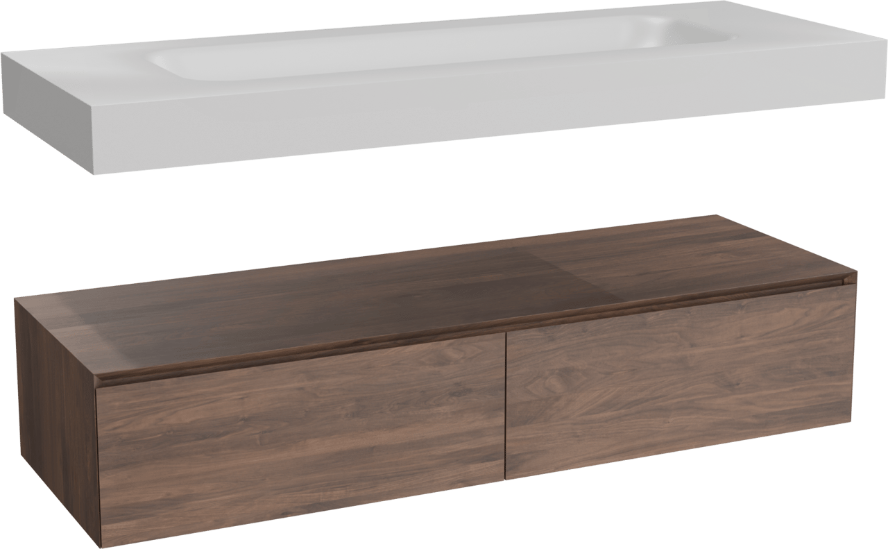 Balmani Mitra Elements zwevend badmeubel 150 x 55 cm Amerikaanse notenhout met Arcato enkele wastafel voor 2 kraangaten in solid surface mat wit