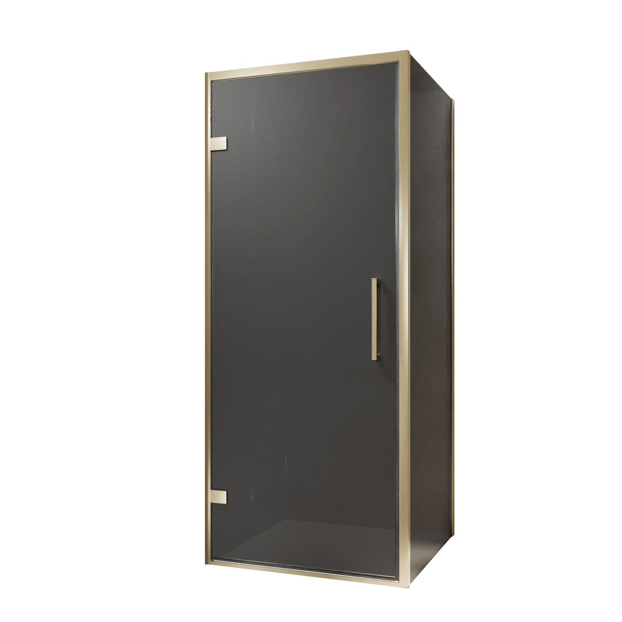 Balmani Senses Design douchehoek met linkse draaideur en vaste zijwand, 90 x 90 cm, Rookglas, Brushed Champagne Gold profielen, met coating
