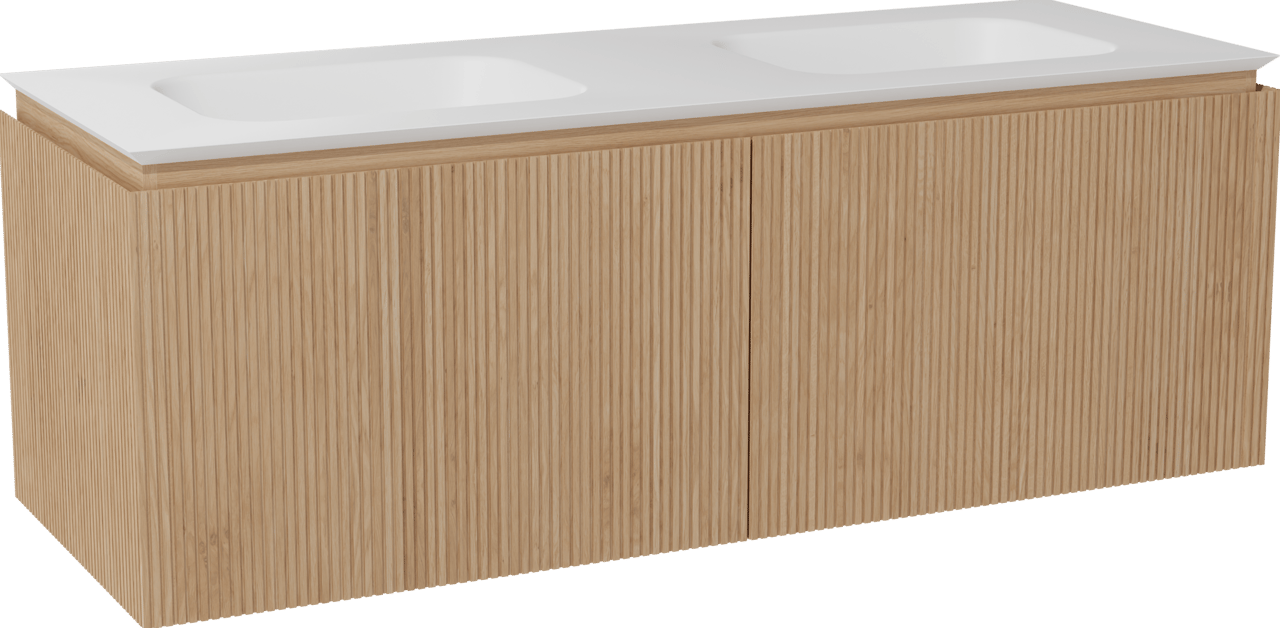 Balmani Eclips hängendes Möbelstück Set: 150 x 55 cm, Eiche Natur, mit Eclips Doppelwaschtisch Solid Surface Weiβ matt, Vertikale symmetrische gerade Rippe