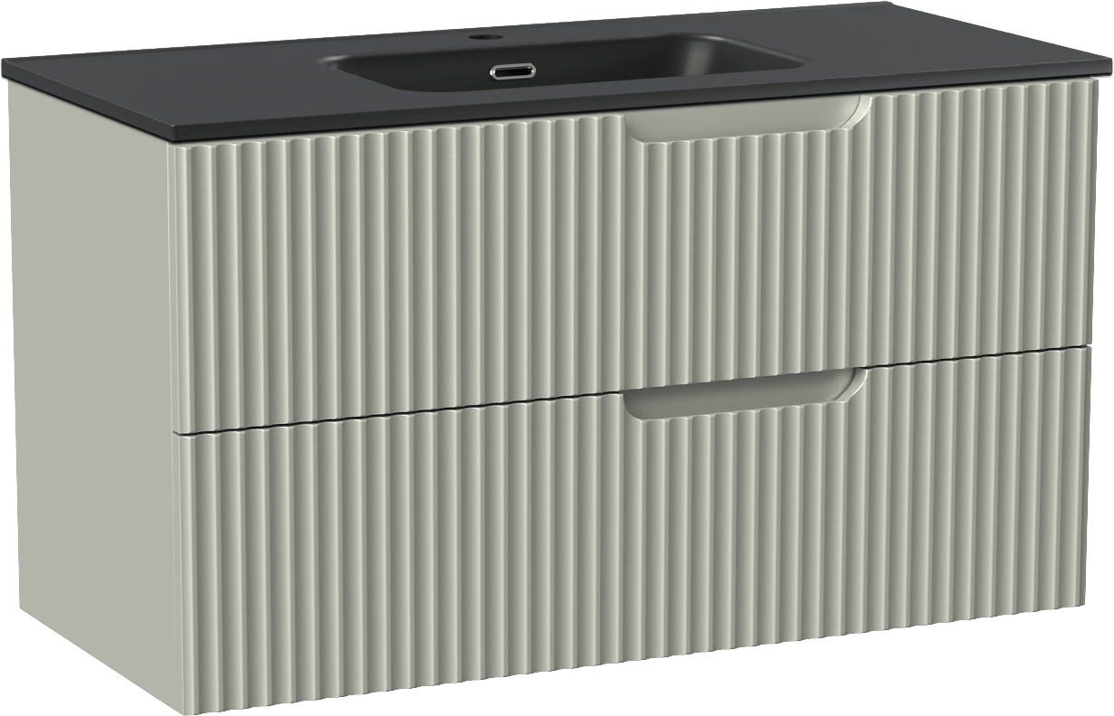 Linie Ribbo zwevend badmeubel 100 x 46 cm greige met Baro enkele wastafel in porselein mat zwart, Verticale symmetrische ronde ribbel