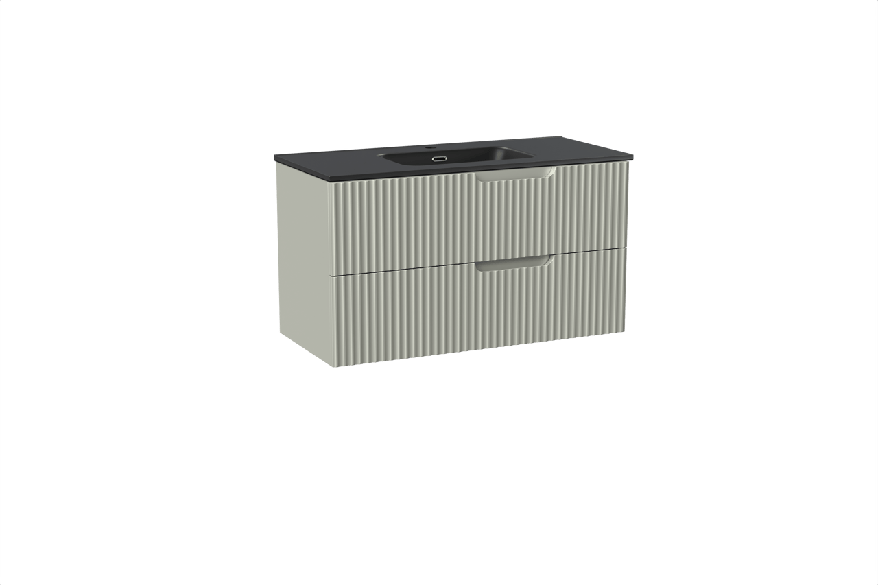Linie Ribbo zwevend badkamermeubel 100 x 46 cm greige met Baro enkele wastafel in porselein mat zwart, Verticale symmetrische ronde ribbel