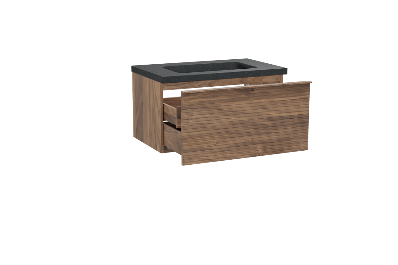 Balmani Forma zwevend badkamermeubel 90 x 55 cm amerikaanse notelaar met Napoli enkele wastafel in graniet zwart, Horizontale symmetrische rechte ribbel