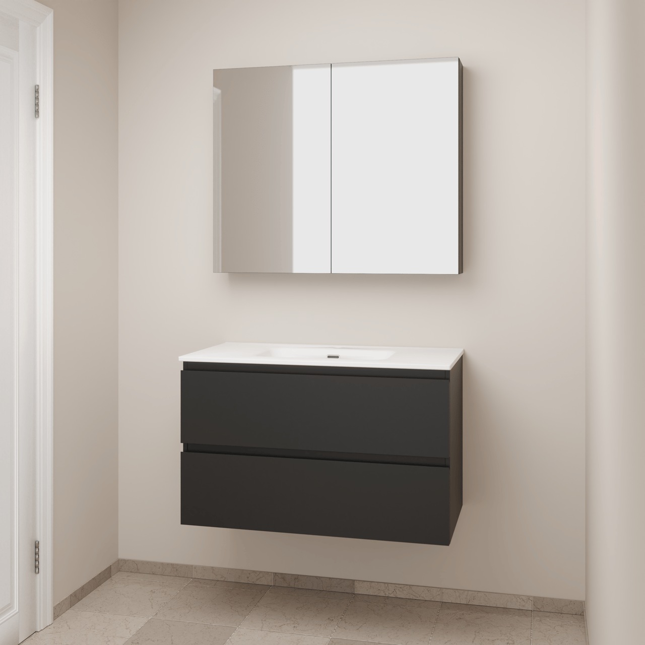 Linie Lado zwevend badkamermeubel 90 x 46 cm mat zwart met Baro enkele wastafel in porselein mat wit en Montro spiegelkast