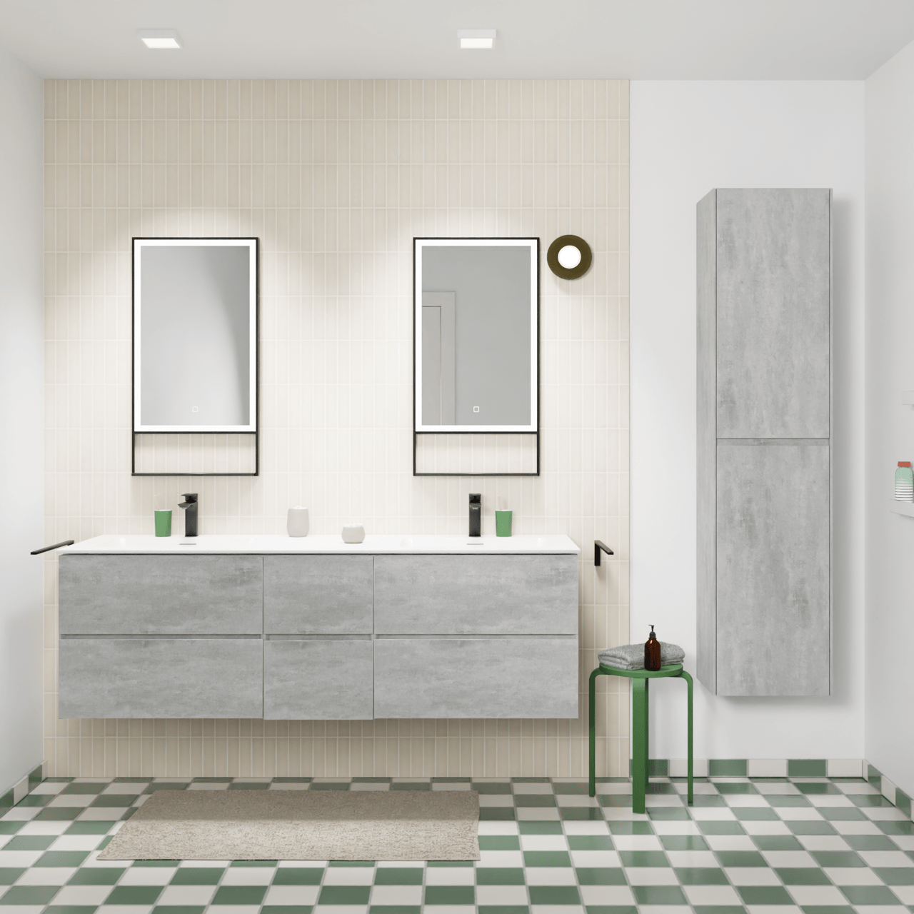 Storke Edge zwevend badmeubel 165 x 52 cm beton donkergrijs met Mata dubbele wastafel in solid surface mat wit