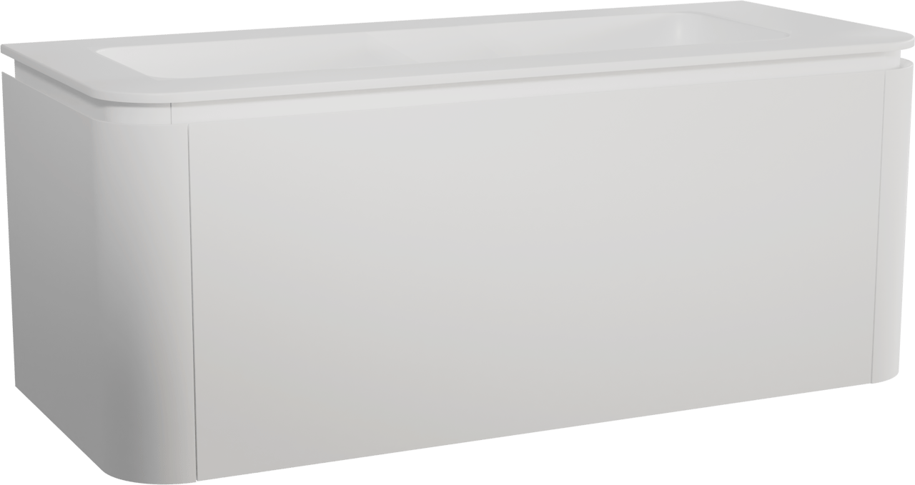 Balmani Moon hängendes Möbelstück Set: 130 x 55 cm, Weiß matt, mit Moon Einzel- oder Doppel Waschtischplatte, Solid Surface Weiß matt