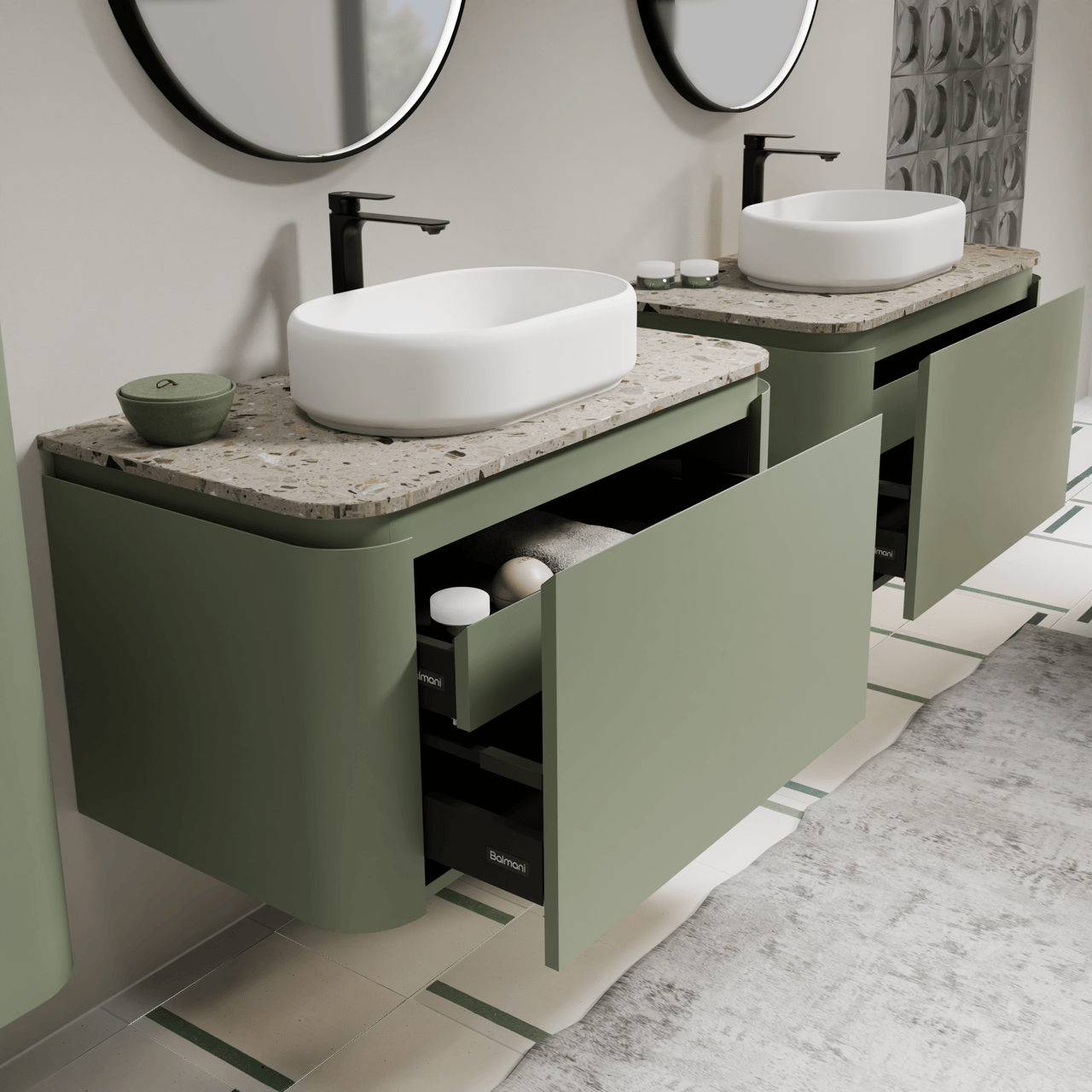 Balmani Moon meuble salle de bains suspendu 100 x 55 cm vert sauge avec Moon tablette simple en solid surface blanc mat