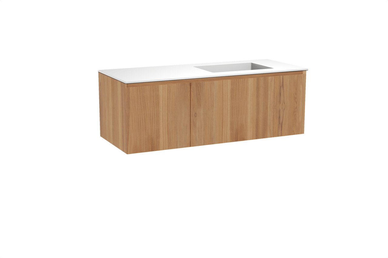 Balmani Idra zwevend badkamermeubel 135 x 55 cm teak met Tablo Stretto asymmetrisch rechtse wastafel in solid surface mat wit