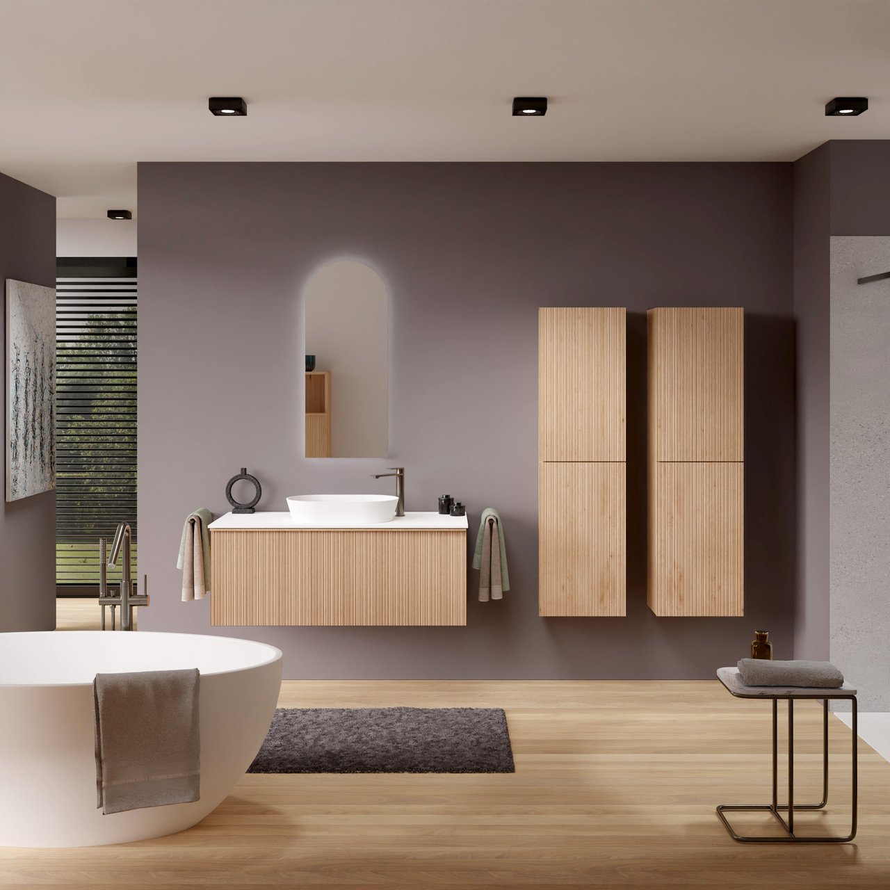 Balmani Forma meuble salle de bains suspendu 120 x 55 cm chêne naturel avec Stretto tablette simple ou double en solid surface blanc mat, Nervure circulaire asymétrique verticale