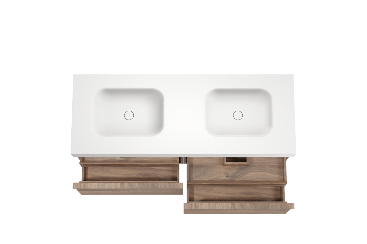 Balmani Forma zwevend badkamermeubel 150 x 55 cm amerikaanse notelaar met Arcato dubbele wastafel in solid surface mat wit, Horizontale symmetrische rechte ribbel