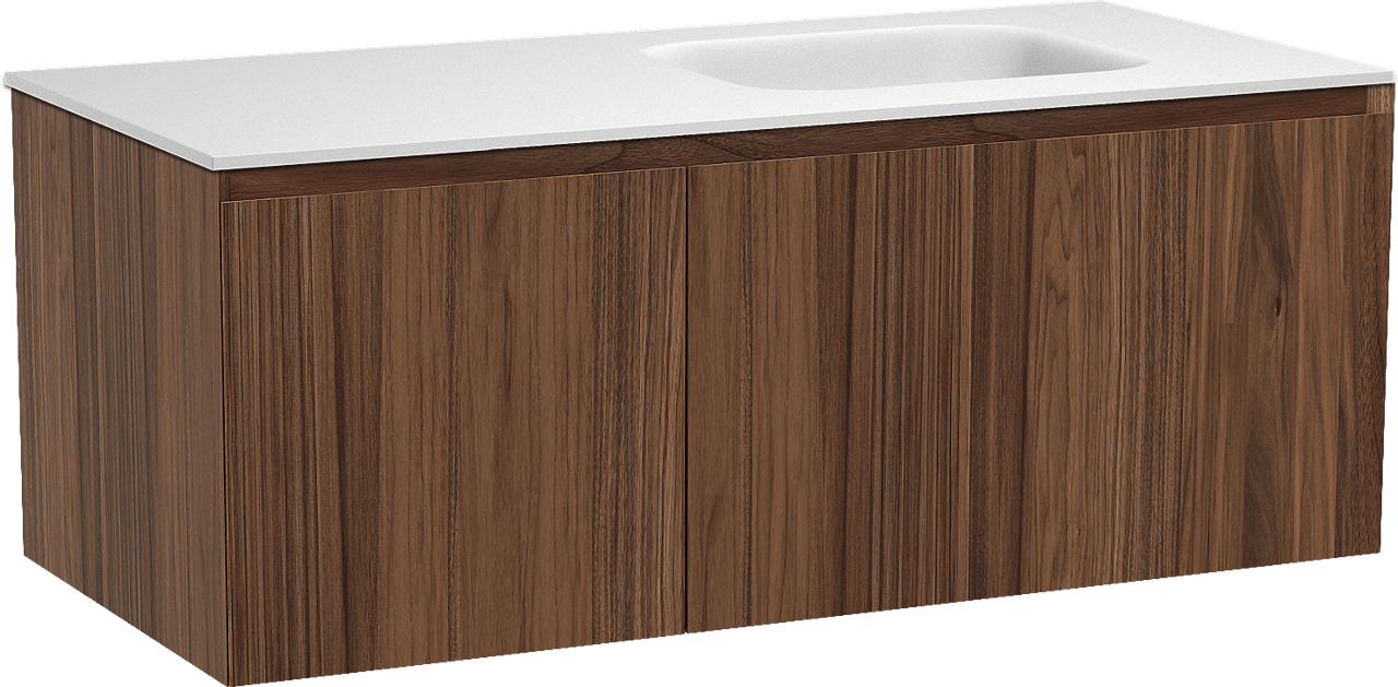 Balmani Idra meuble salle de bains suspendu 120 x 55 cm noyer avec Tablo Arcato plan vasque asymétrique à droite en solid surface blanc mat