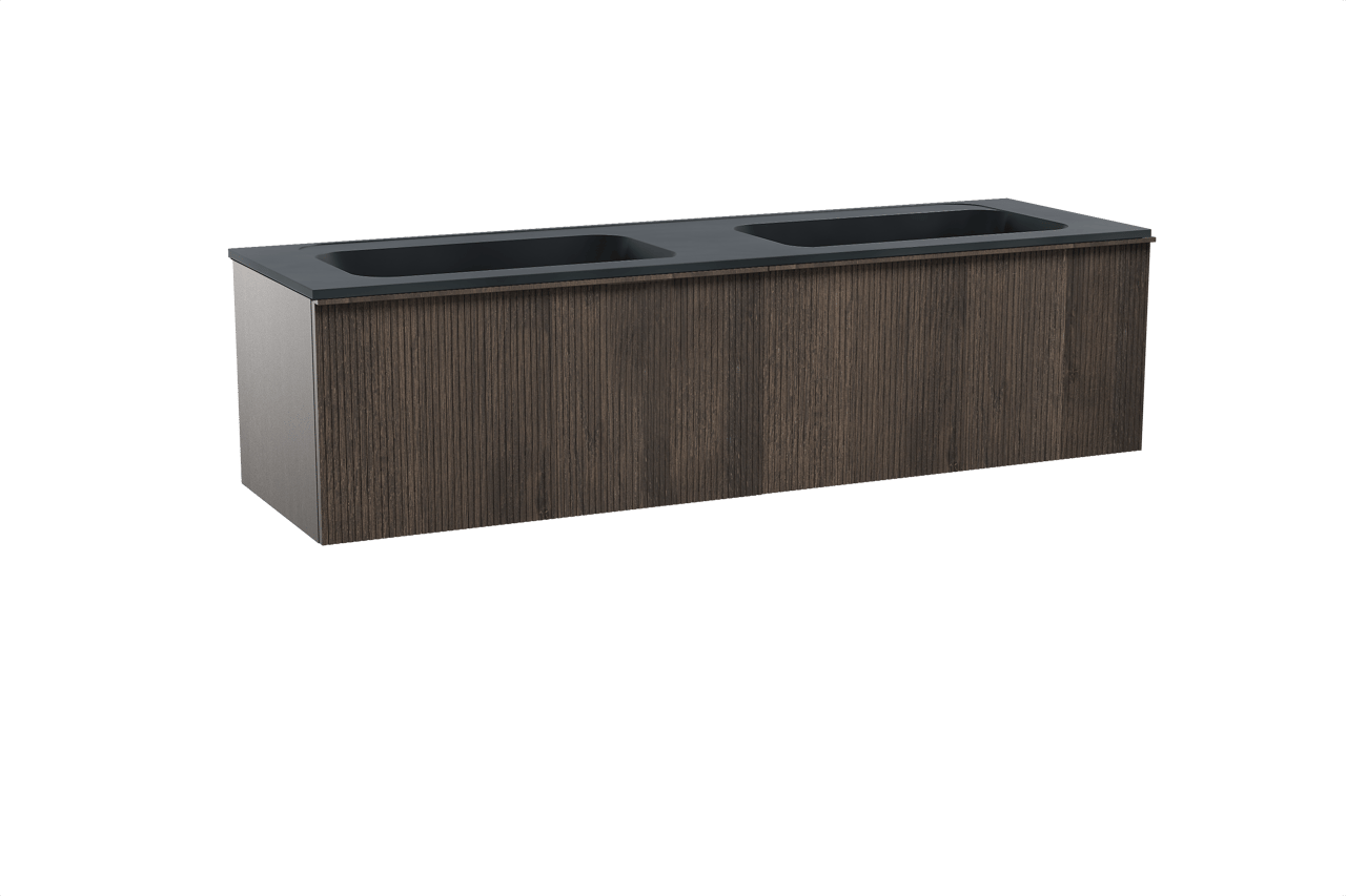 Balmani Forma meuble salle de bains suspendu 180 x 55 cm chêne fumé avec Tablo Strada double vasque en marbre composite noir mat, Nervure droite symétrique verticale