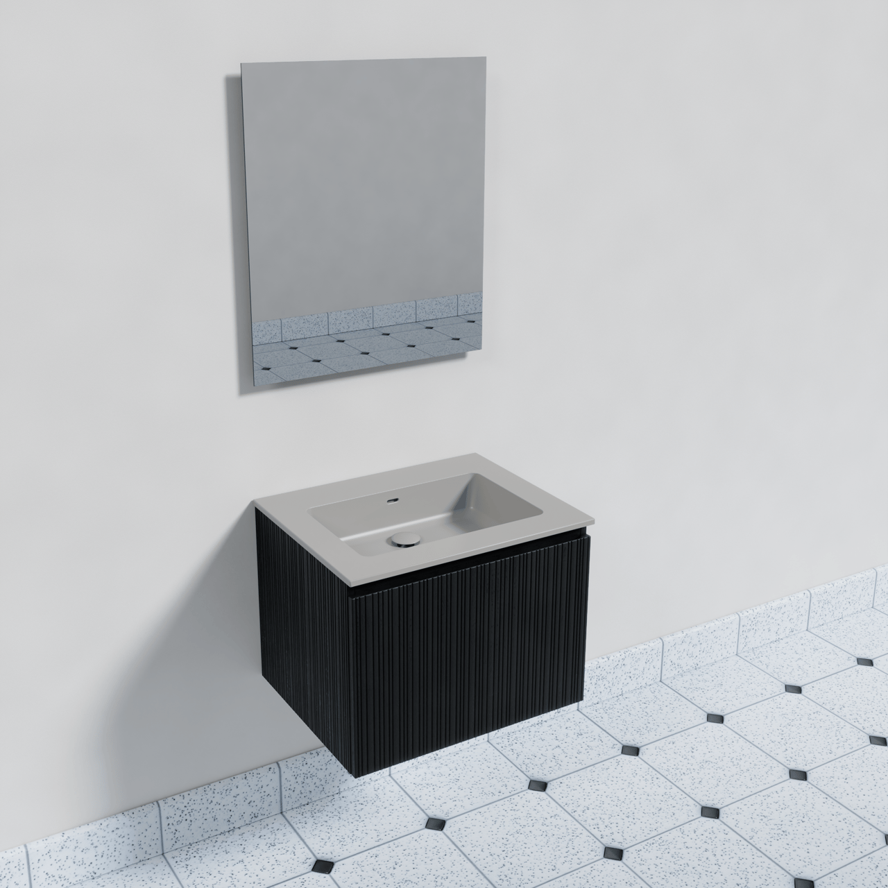 Storke Ribs meuble salle de bains suspendu 65 x 52 cm chêne noir avec Diva plan simple en top solid soie grise matte et Soto miroir