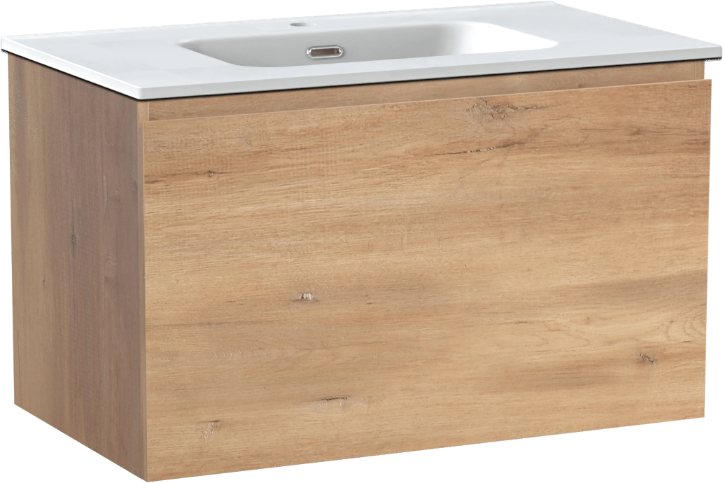 Linie Lado meuble salle de bains suspendu 80 x 46 cm chêne naturel avec Baro plan simple en porcelaine blanc mat