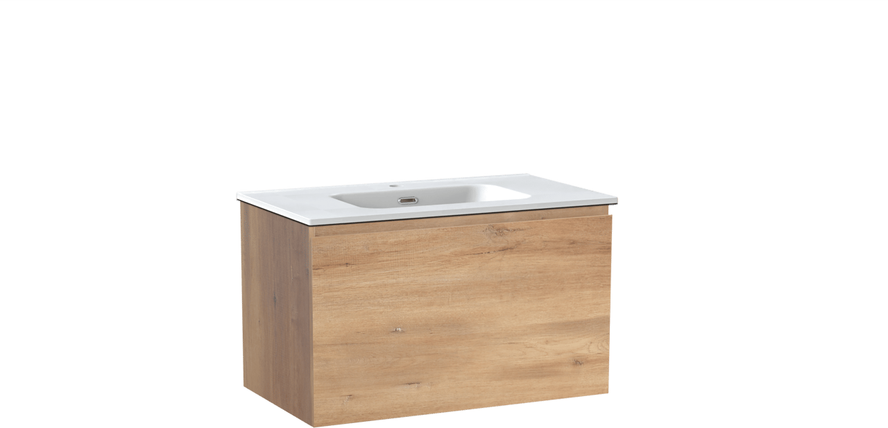 Linie Lado zwevend badkamermeubel 80 x 46 cm natuur eik met Baro enkele wastafel in porselein mat wit