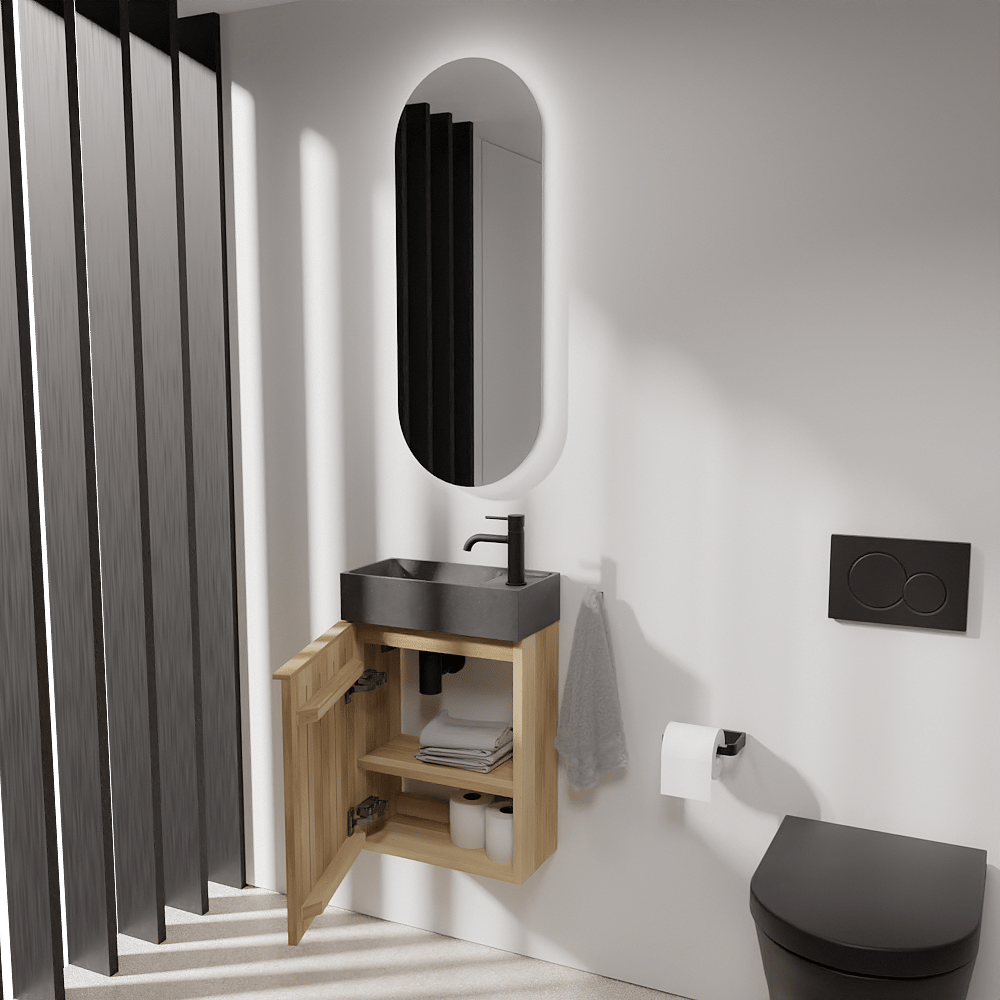 Balmani Forma meuble wc suspendu 42 x 21 cm chêne naturel avec Dama lavabo en granite aiguisé