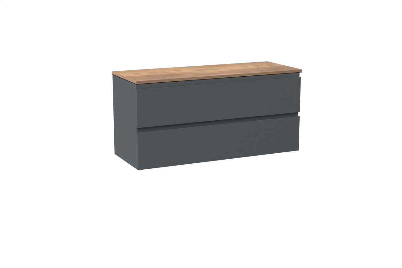 Linie Lado zwevend badkamermeubel 120 x 46 cm blauw antraciet met Lado enkel of dubbel tablet in melamine natuur eik