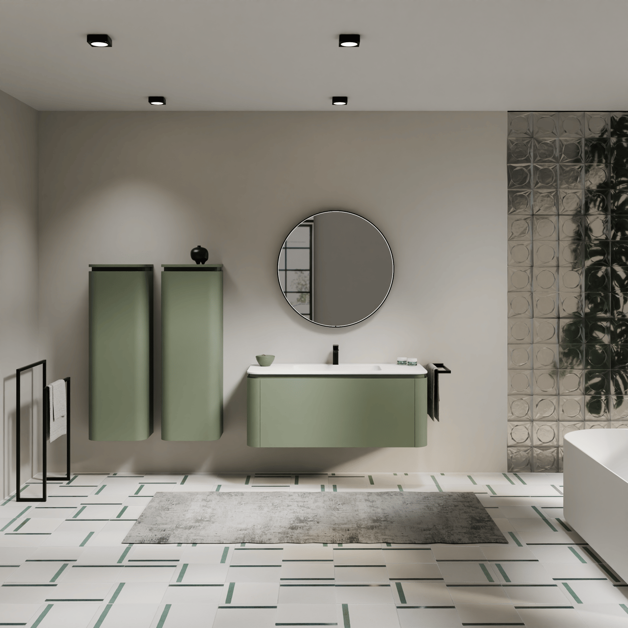 Balmani Moon meuble salle de bains suspendu 130 x 55 cm vert sauge avec Moon plan simple en solid surface blanc mat