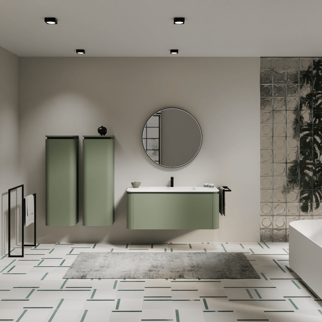 Balmani Moon zwevend badkamermeubel 130 x 55 cm saliegroen met Moon enkele wastafel in solid surface mat wit