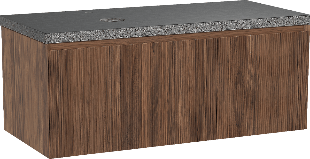 Balmani Fila hängendes Möbelstück Set: 120 x 55 cm, Nussbaum, mit Rock Waschtisch links, Granit, Schwarzes Granit, Vertikale symmetrische gerade Rippe