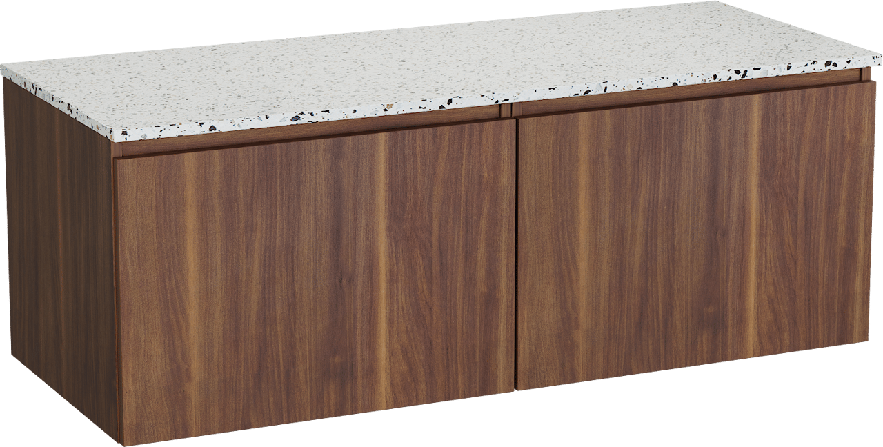 Balmani Sfera meuble salle de bains suspendu 135 x 55 cm noyer américain avec Stretto tablette simple ou double en blanc/noir mat terrazzo