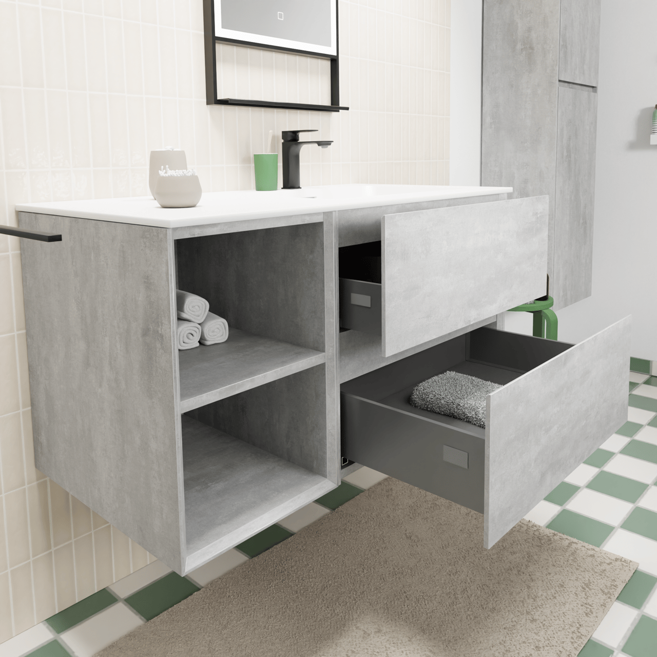 Storke Edge meuble salle de bains suspendu 100 x 52 cm béton gris foncé avec Mata plan vasque asymétrique à droite en solid surface blanc mat