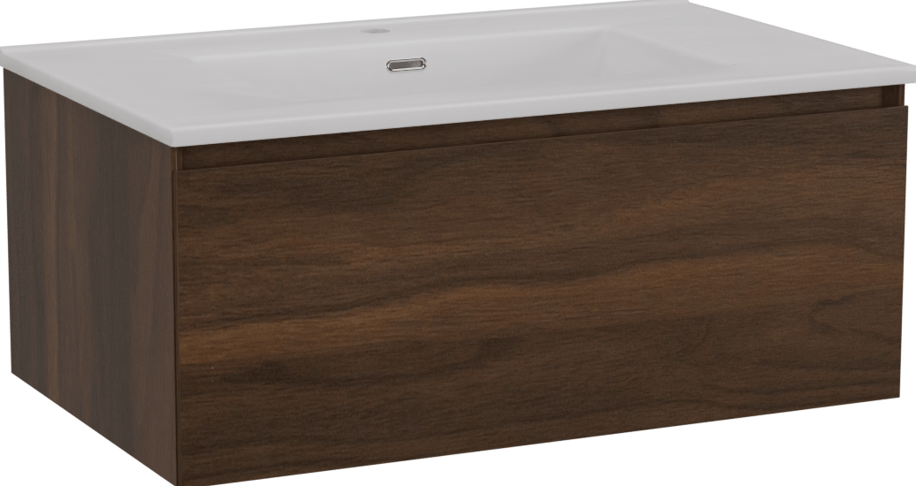 Storke Edge meuble salle de bains suspendu 85 x 52 cm noyer avec Kera plan simple en céramique blanc mat