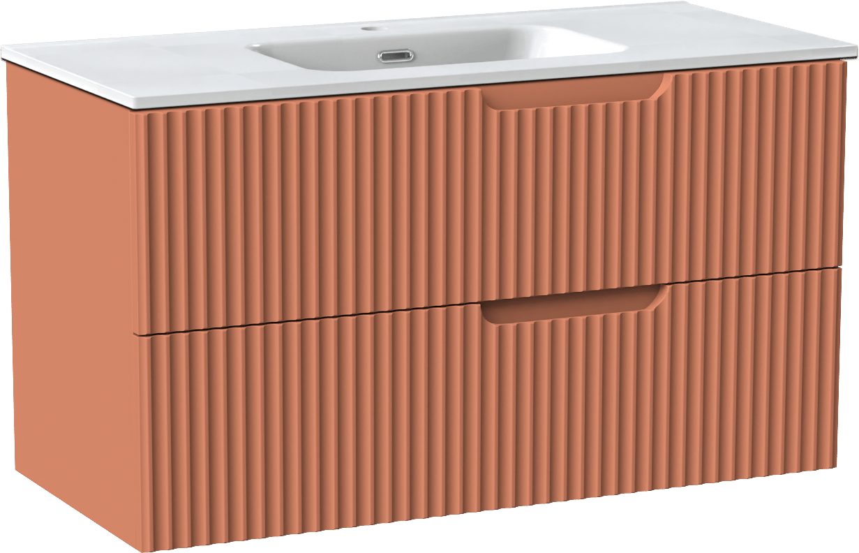 Linie Ribbo zwevend badmeubel 100 x 46 cm cotto met Baro enkele wastafel in porselein hoogglans wit, Verticale symmetrische ronde ribbel