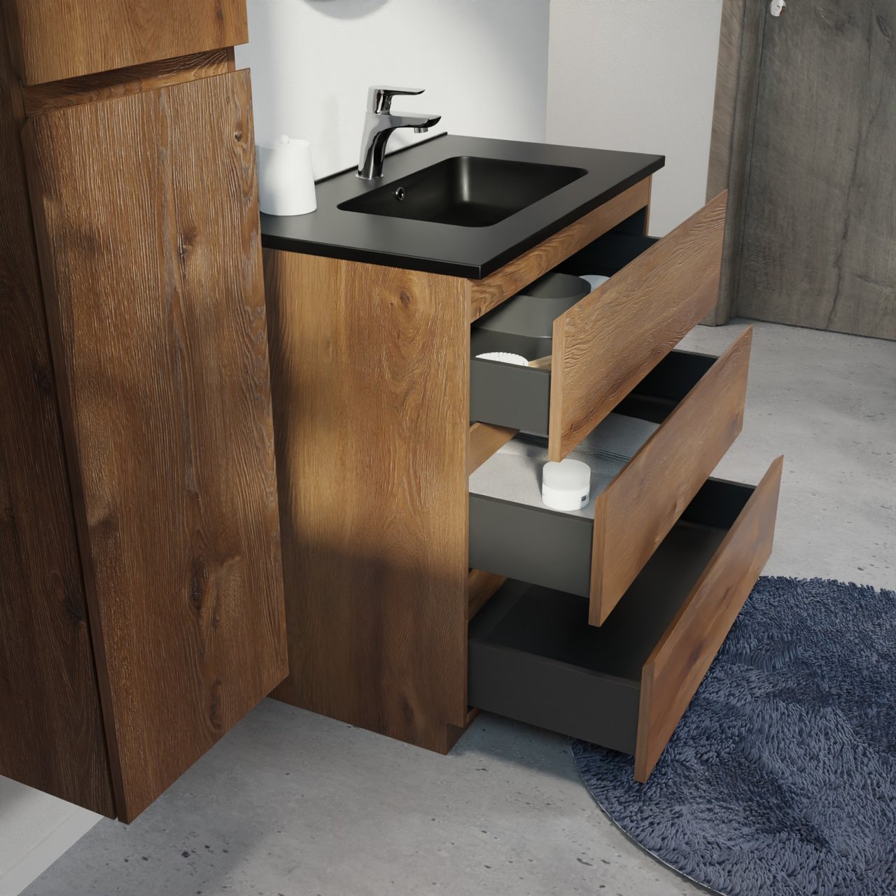 Linie Lado freistehendes Möbelstück Set: 80 x 46 cm, Braune Eiche, mit Vano Einzelwaschtisch, Marmorkomposit Schwarz matt