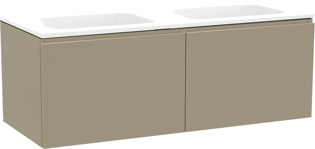 Balmani Sfera zwevend badkamermeubel 135 x 55 cm dune met Tablo Strada dubbele wastafel in composietmarmer mat wit