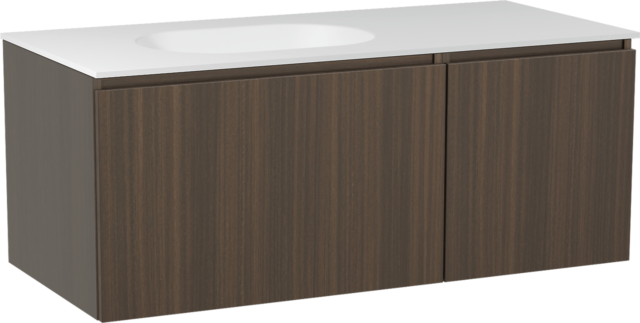 Balmani Sfera zwevend badmeubel 120 x 55 cm eucalyptus met Tablo Oval asymmetrisch linkse wastafel in solid surface mat wit