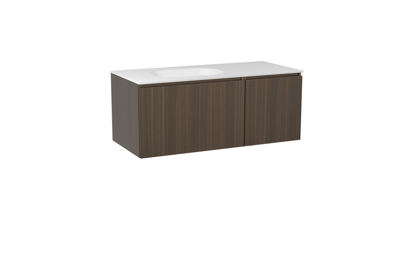 Balmani Sfera meuble salle de bains suspendu 120 x 55 cm eucalyptus avec Tablo Oval plan vasque asymétrique à gauche en solid surface blanc mat