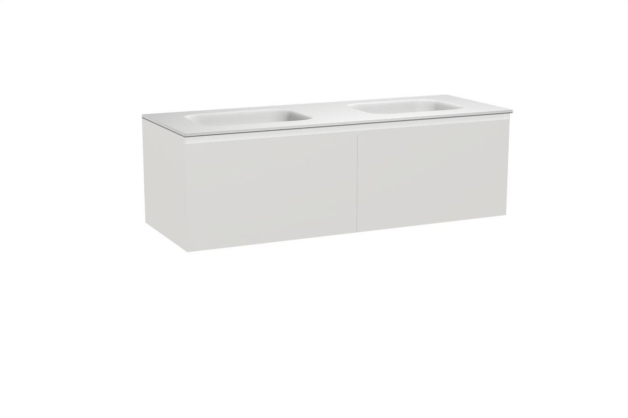 Balmani Idra hängendes Möbelstück Set: 150 x 55 cm, Weiß matt, mit Tablo Arcato Doppelwaschtisch, Solid Surface Weiß matt