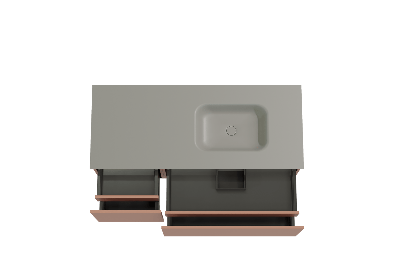 Balmani Sfera meuble salle de bains suspendu 135 x 55 cm cotto avec Tablo Arcato plan vasque asymétrique à droite en solid surface gris pierre