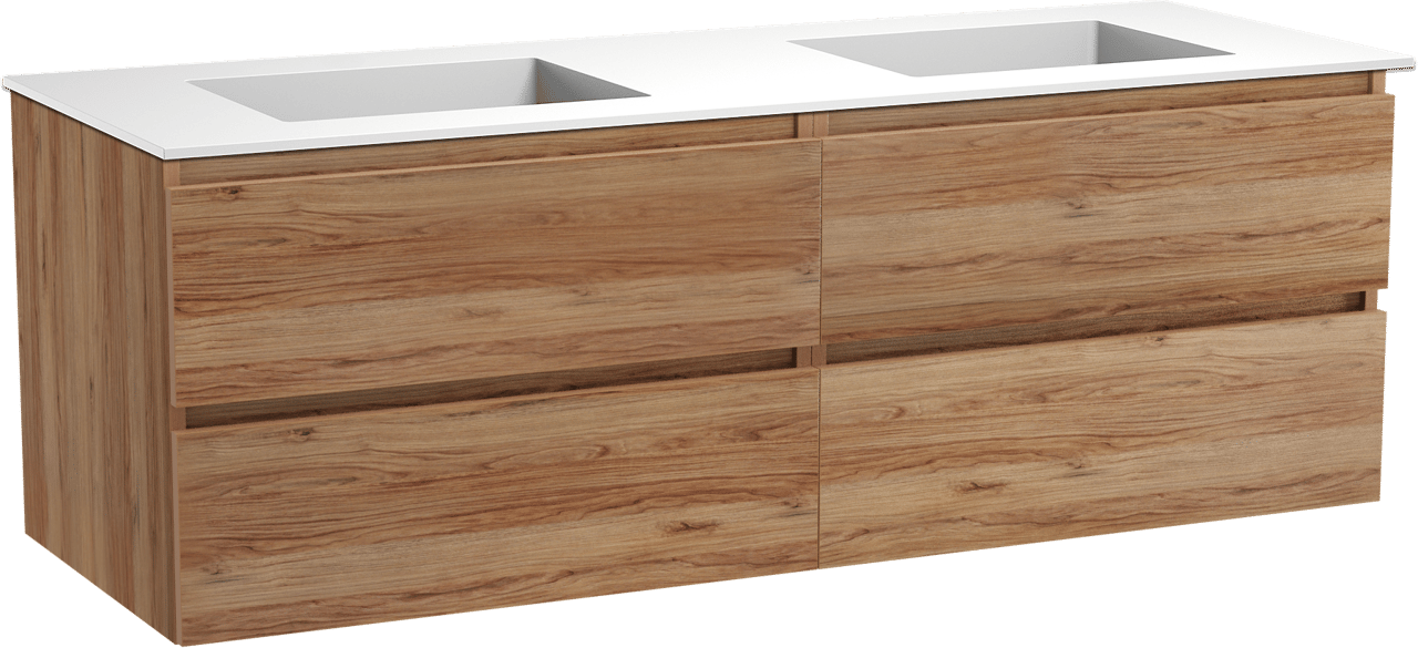 Balmani Lucida meuble salle de bains suspendu 150 x 55 cm teck avec Tablo Stretto double vasque en solid surface blanc mat