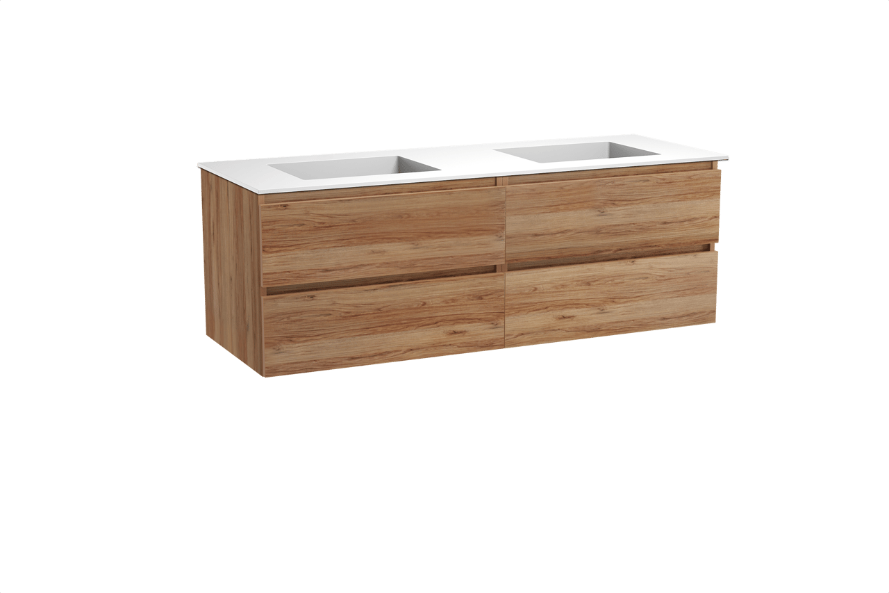 Balmani Lucida hängendes Möbelstück Set: 150 x 55 cm, Teak, mit Tablo Stretto Doppelwaschtisch, Solid Surface Weiß matt