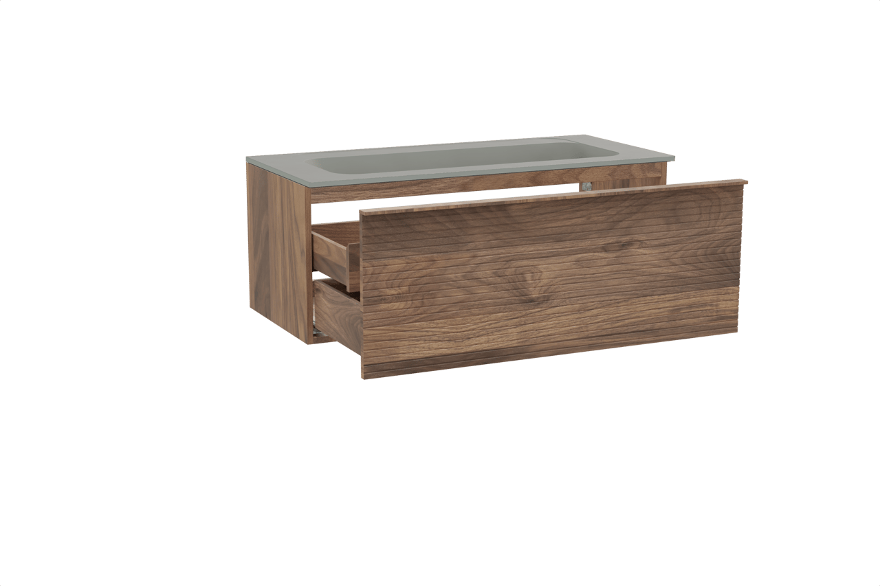 Balmani Forma meuble salle de bains suspendu 120 x 55 cm noyer américain avec Tablo Strada lavabo simple pour 2 trous de robinet en marbre composite soie grise, Nervure droite symétrique horizontale