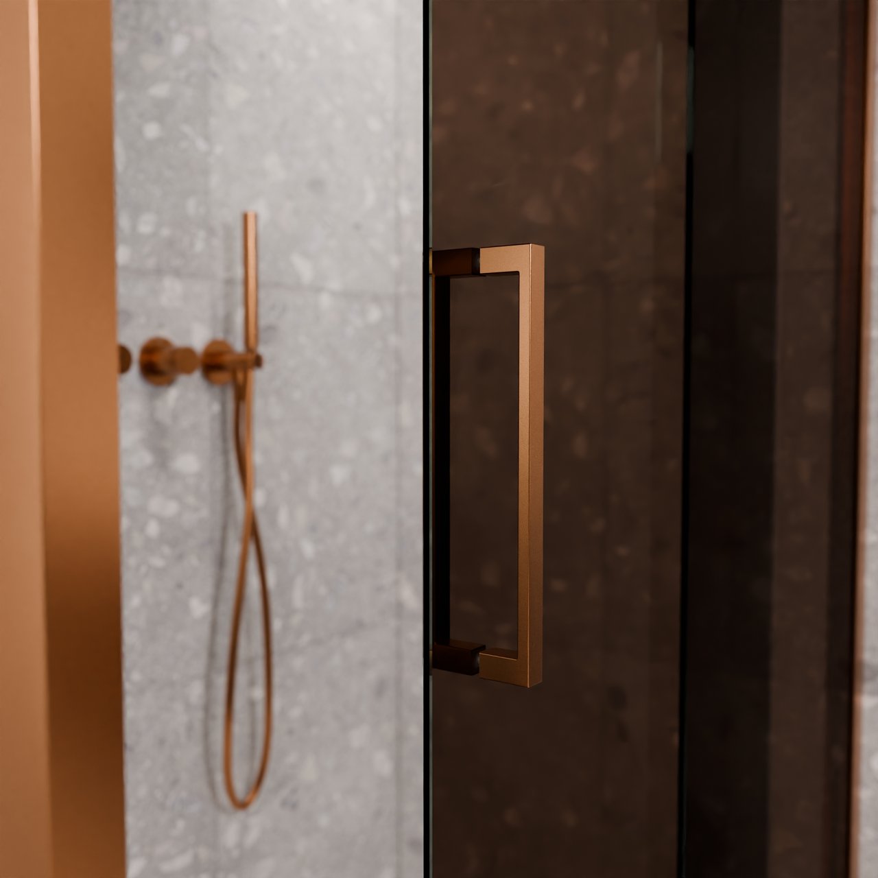 Balmani Senses Design Eckdusche: Schiebetür (Rechts) mit fixierte Seitenwand, 120 x 90 cm, Bronze, Profil Brushed Rosegold, inklusive Coating