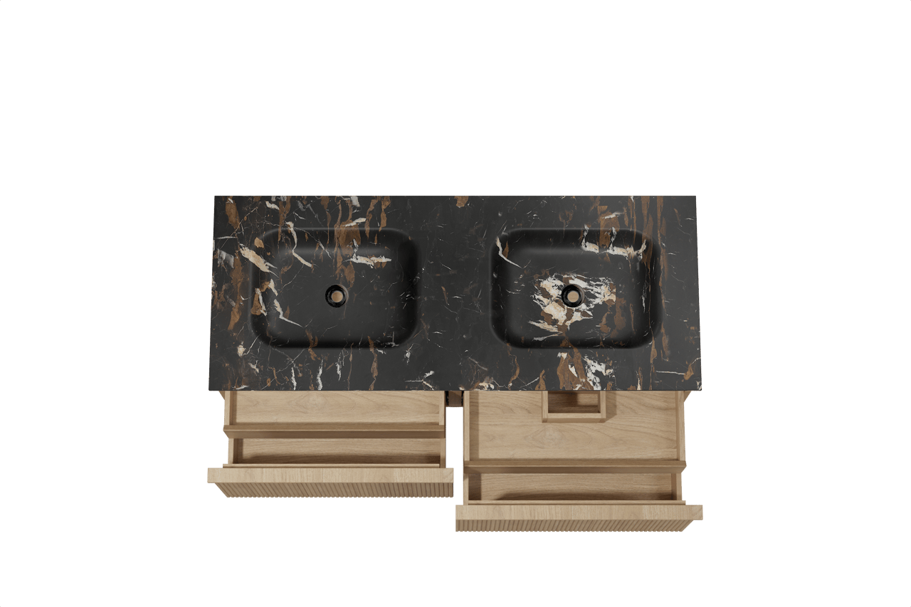 Balmani Forma meuble salle de bains suspendu 135 x 55 cm chêne naturel avec Tablo Arcato double vasque en marbre portoro gold, Nervure droite symétrique verticale