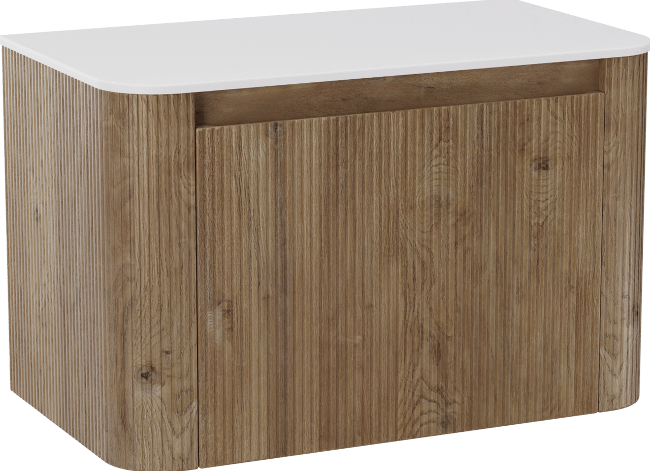 Storke Soft zwevend badkamermeubel 80 x 46 cm ruwe eik met Tavola Soft enkele tablet in solid surface mat wit, Verticale symmetrische rechte ribbel