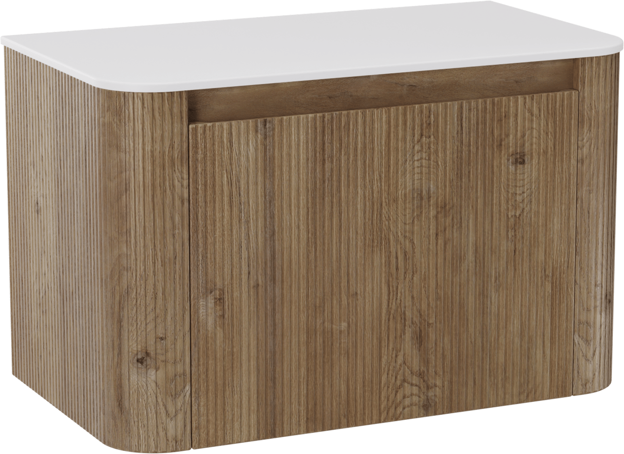 Storke Soft zwevend badkamermeubel 80 x 46 cm ruwe eik met Tavola Soft enkele tablet in solid surface mat wit, Verticale symmetrische rechte ribbel