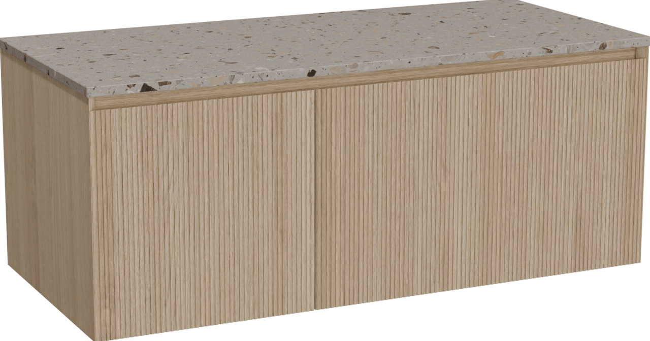 Balmani Fila zwevend badkamermeubel 120 x 55 cm natuur eik met Stretto enkel of dubbel tablet in terrazzo greige terrazzo, Verticale symmetrische rechte ribbel