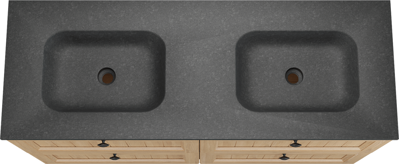 Balmani Lemon freistehendes Möbelstück Set: 150 x 55 cm, Naturbelassene Eiche Furnier, mit Tablo Arcato Doppelwaschtisch, Schwarzes Granit